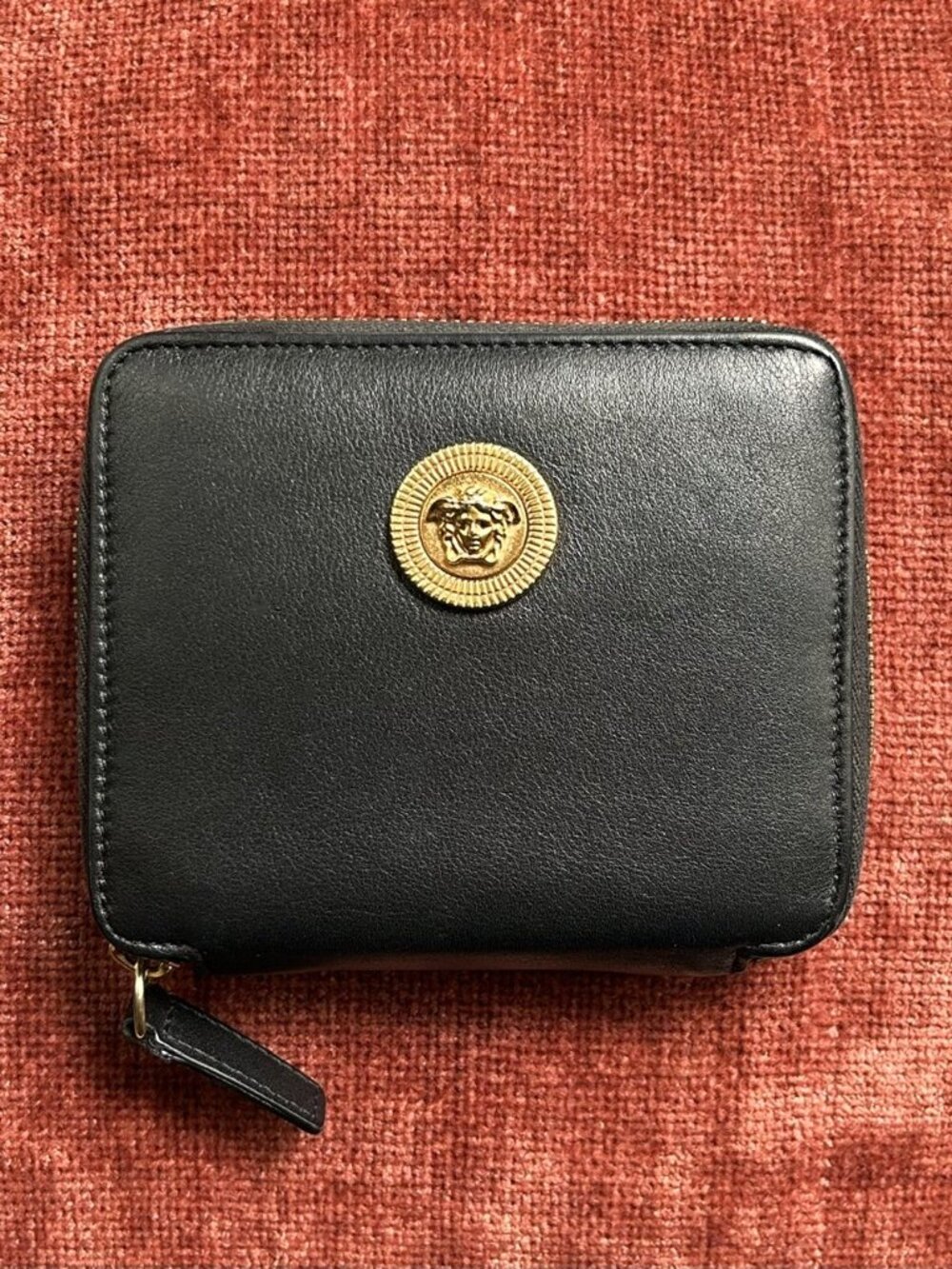 VERSACE Calfskin Icon Zip Around Compact Wallet, Black